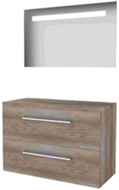 Basic-Line Economic 46 Badkamermeubelset - 100 x 46 cm - Met Grepen - 2 Lades - Wastafelblad - Spiegel met LED Verlichting - Scotch Oak