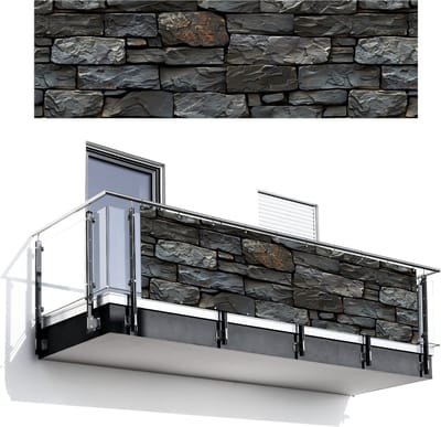 Balkonscherm 300x95 cm - Balkonposter Steenlook - Antraciet - Grijs - Balkon scherm decoratie - Balkonschermen - Balkondoek zonnescherm