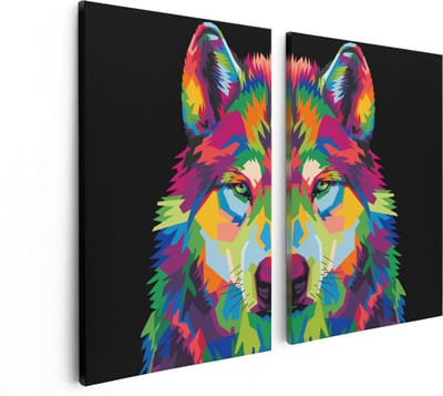Artaza Canvas Schilderij Tweeluik Gekleurde Wolvenkop - Wolf - Abstract - 80x60 - Foto Op Canvas - Canvas Print