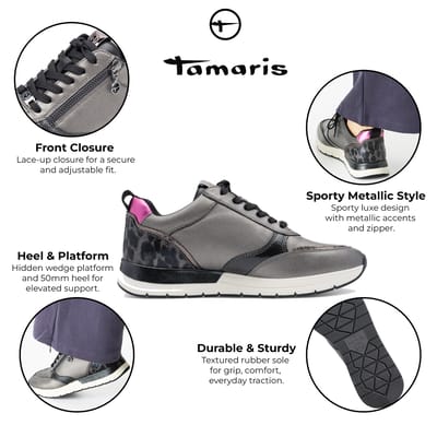 Tamaris Dames Pewter Zilver Roze Fashion Veterschoenen met Rits