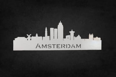 Houten skyline Amsterdam - Wanddecoratie / muurdecoratie - 38cm x 13cm - Het Rijksmuseum - De Grote Kerk - zilver