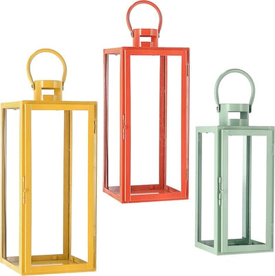 Lantaarn set - Windlichten metaal - Sfeer creëren - Met draaggreep - 3 maten - Groen oranje geel