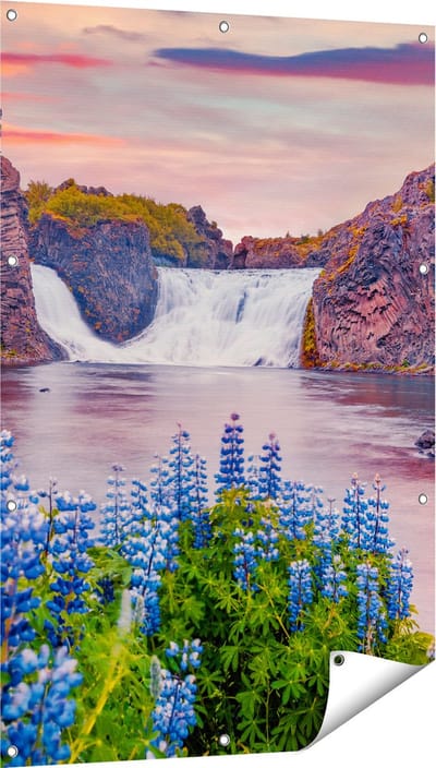 Gards Tuinposter Waterval met Blauwe Lupine Bloemen - 80x120 cm - Tuindoek - Tuindecoratie - Wanddecoratie buiten - Tuinschilderij
