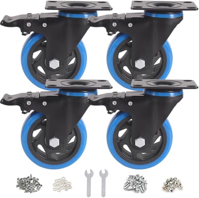100 mm zware wielen, blauw, set van 4 meubelwielen, tot 1000 kg, 360 graden dubbele vergrendeling, wielen met rem, incl. schroeven en stofbeschermingsring, ideaal voor werkbanken, gereedschapswagen, p