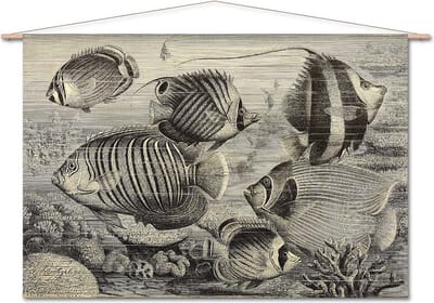 Wanddoek-XL Gravure koraalvissen (zonder houten stokken)