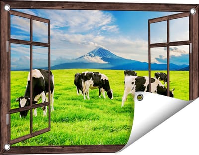 Gards Tuinposter Doorkijk Koeien in de Wei - 60x40 cm - Tuindoek - Tuindecoratie - Wanddecoratie buiten - Tuinschilderij