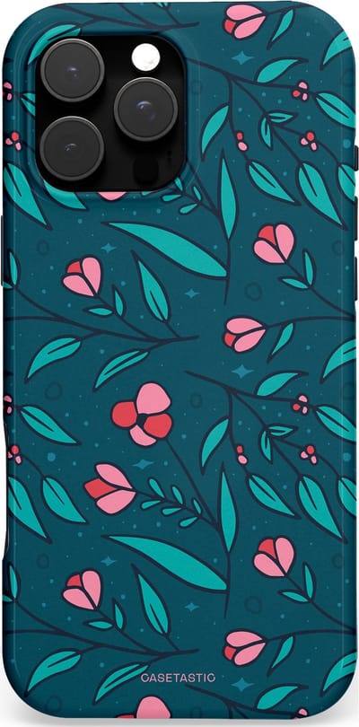 Casetastic hoesje geschikt voor Apple iPhone 16 Pro Max - MagSafe - Dubbellaagse bescherming - Blauwe Groene Bloemenpracht - Fashion Case - Petrol Donkergrijs
