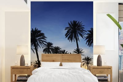 Behang - Fotobehang Palmboom - Natuur - Strand - Zon - Nacht - Breedte 175 cm x hoogte 240 cm