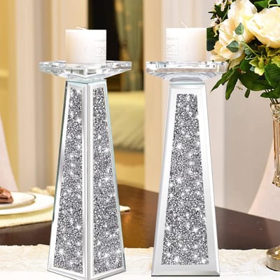 Set van 2 Zilvere Kristallen Kandelaars voor Tafeldecoratie met Gebroken Diamant Look