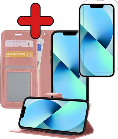 Hoesje - Met Screenprotector - Geschikt voor Apple iPhone 14 - Luxe Pasjeshouder - Flipcase - Bookcase Portemonee - Flip Case - Kunstleer Book Case - Book Cover - Walletcase - Portemonneehoes - Telefoonhoes - Rosé goud