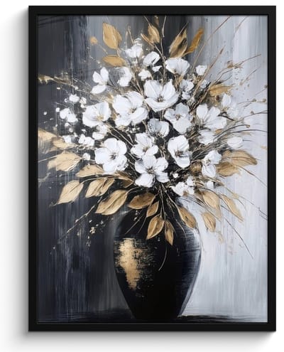 Poster in lijst - Fotolijst 50x70 cm - Posters - Bloemen - Wit - Vaas - Abstract - Posterlijst zwart - Decoratie - Wanddecoratie woonkamer - Muurdecoratie slaapkamer