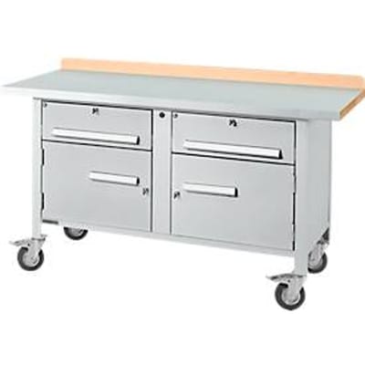 Mobiele werkbank Schäfer Shop Select PWi 150-0, multiplex beuken blad, met stalen afdekking, tot 400 kg, B 1500 x D 700 x H 840 mm