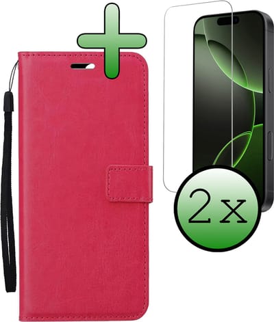 Hoesje Met 2x Screenprotector - Geschikt voor Apple iPhone 16 Pro - Luxe Pasjeshouder - Bookcase Portemonee - Flip Case - Kunstleer Book Case - Flipcase Hoes - Book Cover - Walletcase - Portemonneehoes - Donkerroze
