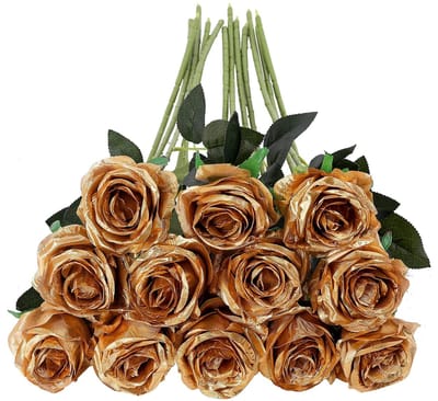 Dailygoody - Kunstrozen - Neprozen met lange steel - Realistische bloemen - Goud - Decoratie voor bruiloften - 12 stuks