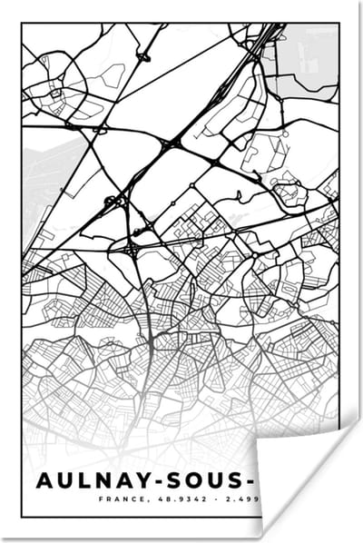 Poster Frankrijk - Plattegrond - Stadskaart - Aulnay-sous-Bois - Kaart - Zwart wit - 120x180 cm XXL