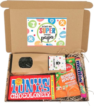 Vaderdag cadeau - brievenbus cadeau pakket - Je bent een Super(handige)papa - chocolade - klusdrop - borrelnootjes