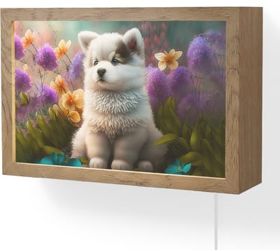 Wandlamp 30x20 cm - Oplaadbaar - Puppy - Bloemen - Planten - Natuur - Husky - Wandlampen binnen woonkamer - Slaapkamer lamp met kabel - Decoratieve nachtlamp - Vloerlamp snoer