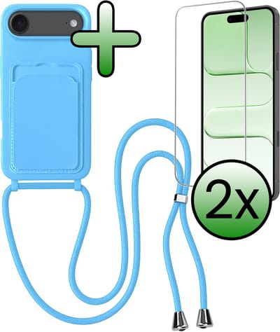Hoes Geschikt voor iPhone Air Hoesje Pas Houder Case Hoes Met Koord Met 2x Screenprotector - Hoesje Geschikt voor iPhone Air Hoes Met Telefoonkoord Pasjeshouder Cover - Lichtblauw