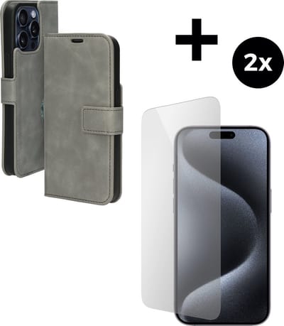 Mobiparts Classic Wallet hoesje geschikt voor Apple iPhone 15 Pro Max met 2 Screenprotectors van Gehard Glas - Grijs
