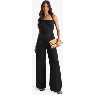 boohoo Dames Premium Satijn Halternek Jumpsuit met Wijde Pijpen | Black | Maat: 8