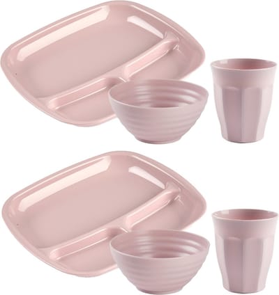 Plasticforte Camping Servies set 18 delig - kunststof - roze - 6x vakjesborden/6x drinkbekers/6x kommetjes - onbreekbaar