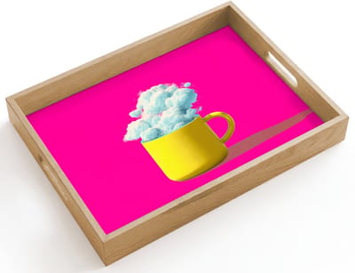 Dienblad hout 40x30 cm - Schootdienblad - Mok - Wolken - Roze - Minimalitisch - Borrelplank rechthoek - Plateau dienbladen