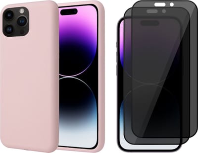 Hoesje geschikt voor iPhone 14 Pro - 2x Privacy Screen Protector FullGuard - Back Cover Case SoftTouch Roze & Screenprotector