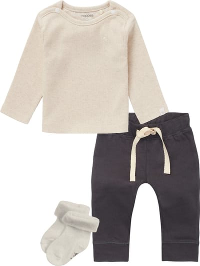 Noppies kledingset - 3 delig - Shirt Natal Oatmeal - Broek charcoal antraciet grijs - 1paar sokjes Oatmeal - Maat 62