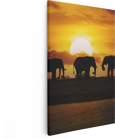 Artaza Canvas Schilderij Olifanten Kudde - 20x30 cm - Klein - Wanddecoratie Afrikaanse Dieren - Muurdecoratie Zonsondergang - Kamer Accessoires Woonkamer
