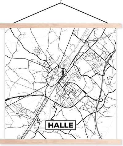 Posterhanger incl. Poster 40x40 cm - Schoolplaat - Zwart Wit – België – Plattegrond – Stadskaart – Kaart – Halle - Textielposter - Blanke latten - Stadskaart