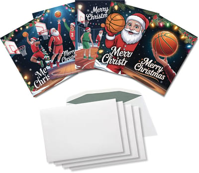 Inspra Studio – Luxe Kerstkaarten met Enveloppen – 5 Stuks – Basketball Wenskaarten – Artistieke Sportieve Illustraties met Winterse Sfeer