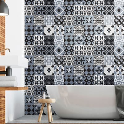 Zelfklevende muurstickers in tegelpatroon voor keuken en badkamer - 24 cementtegelstickers, Azulejos-design, Ronaldo - 24 stickers, 10x10 cm