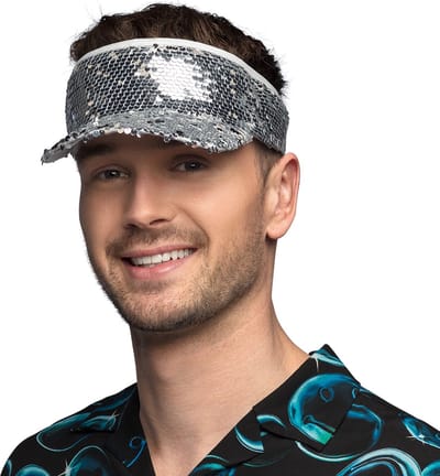 Boland Verkleed zonneklep/sunvisor - voor volwassenen - Glitter zilver - Carnaval/festival/eighties thema