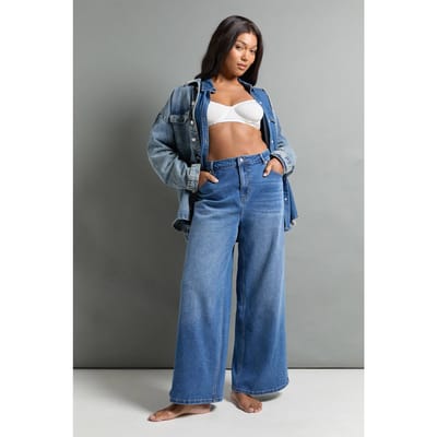 boohoo Dames De Plus Mid Waist Wijde Pijpen Jeans | Gewassen Indigo | Maat: 28/30L