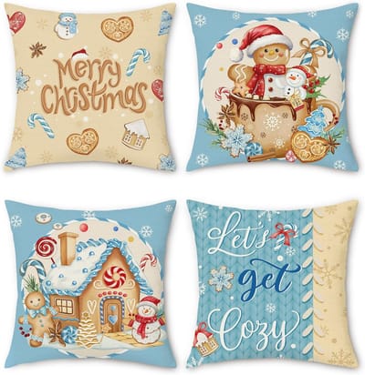 Kerst Gingerbread Kussenhoezen 45 x 45 cm met Sneeuwvlokken en Blauw Fluweel voor Sofa en Bed - Decoratieve Kussens voor Winterse Feestdagen, Set van 4