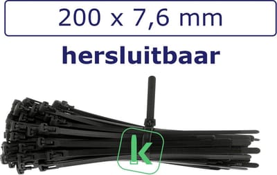 PRO-TIE® - Tyraps, kabelbinders Hersluitbaar 200 x 7,6 mm Zwart UV bestendig (Zak 100 stuks) (tiewrap/tyrap/tie-wrap/bundelbandje/colsonbandje/)