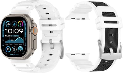 Stravo Siliconen Horlogebandje met Mechanisch Design – Geschikt voor Apple Watch 42mm (Series 1/2/3), 44mm (Series 4/5/6/SE), 45mm (Series 7/8/9), 46mm (Series 10/11) & 49mm (Ultra) – Tweekleurig Siliconen Bandje – Wit / Zwart