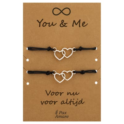 Vriendschapsarmbandjes voor 2 " You & Me ∞" - Verbonden Hartjes - BFF Armbandjes met Persoonlijk Cadeau Kaartje - Zilverkleurig - Elastisch Verstelbaar - Pax Amare