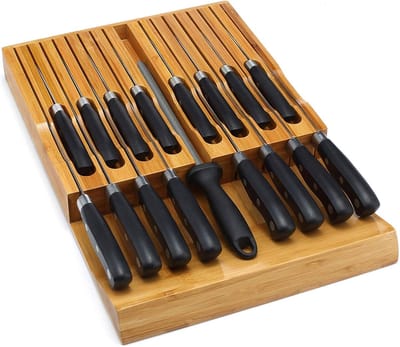 Thijox - Bamboe Messenblok in-lade Organizer voor 16 Messen + Sleuf voor Messenslijper - Duurzame Keukenopslag - Messenset Lade Organizer - Keukenacce