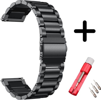 RVS stalen schakel bandje - Geschikt voor Samsung Galaxy Watch 7 (40 & 44mm) / Galaxy Watch 6 (Classic) / Galaxy Watch 5 / 5 Pro / Watch 4 / Watch 4 Classic / Watch FE - bandje metaal - Strap-it - Zwart + inkort toolkit