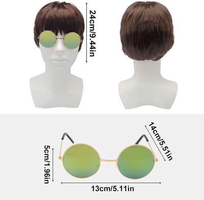 Britpop pruiken en ronde brillen voor mannen, kostuumaccessoires voor 90s en 60s themafeesten, set van 2