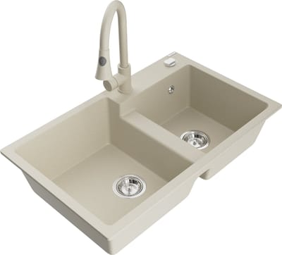 Mexen Tomas granieten gootsteen met 2 kamers en keukenmengkraan Elia, beige - 6516-69-670101-69