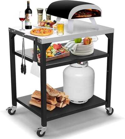 Multifunctionele Pizza Tafelwagen voor Buiten, Grote Keukeneiland met Wielen, Roestvrijstalen Grillstand en Trolley voor BBQ en Grillaccessoires
