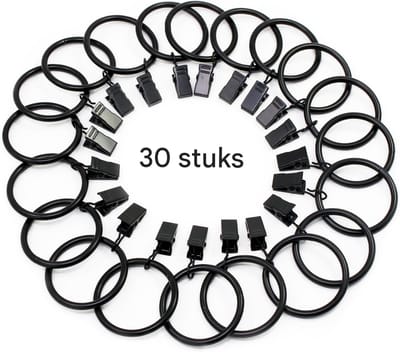 GELLDG Gordijnclips - Gordijnringen met clips - Gordijnringen met clips en haken - Zwart - 30 stuks - 32 mm