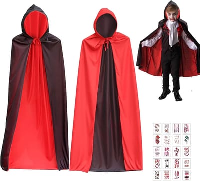 Vampier Cape Kostuum voor Kinderen - 120 cm - Inclusief 20 Tatoeages en Kap - Perfect voor Halloween Feestjes en Verkleedpartijen