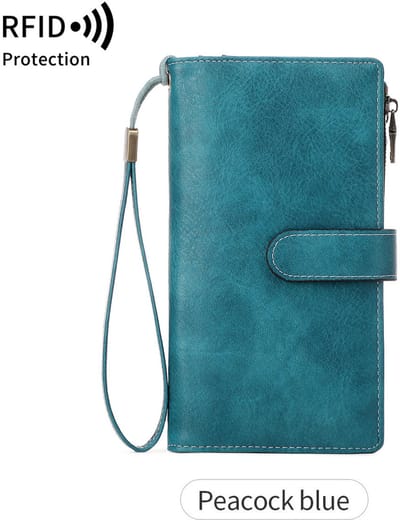 RFID drievoudige lange portemonnee - Retro multifunctioneel - Damesportemonnee - Clutch - Portemonnee - Muntzakje - Dames Portemonnee - Pasjeshouder - Creditcardhouder-Pauw blauw