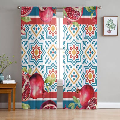 Vintage Granaatappel Turkije Geometrische Transparante Gordijnen voor Woonkamer Decoratie Raamgordijnen Keuken Tule Voile Gordijnen W135 x H115cm x1 blue