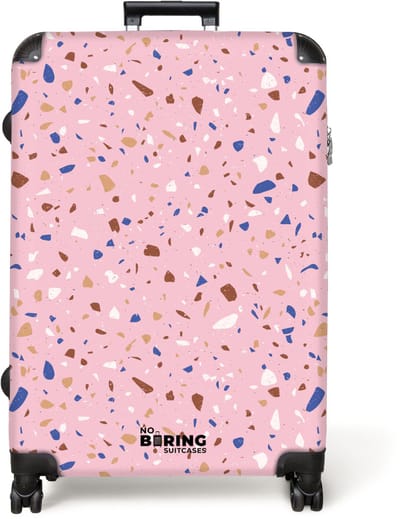 NoBoringSuitcases.com® - Koffer groot - Reiskoffer lichtgewicht - Terrazzo patroon veelkleurig roze en blauw - Rolkoffer met 4 wielen - Grote trolley XL - 98 liter bagage