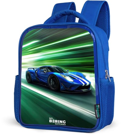 NoBoringSuitcases.com® - Rugzak blauw - Schooltas jongens - Blauwe raceauto met strepen in groene tunnel - Kinder rugtas jongen - Boekentas kind - Kinderrugzak voor school