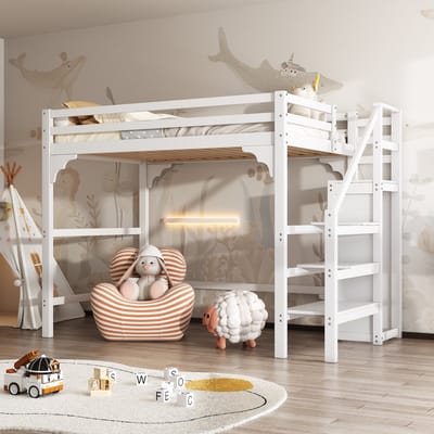 Hoogslaper - 140x200cm - met Lattenbodem, Trap en Kast - Opbergruimte - Wit